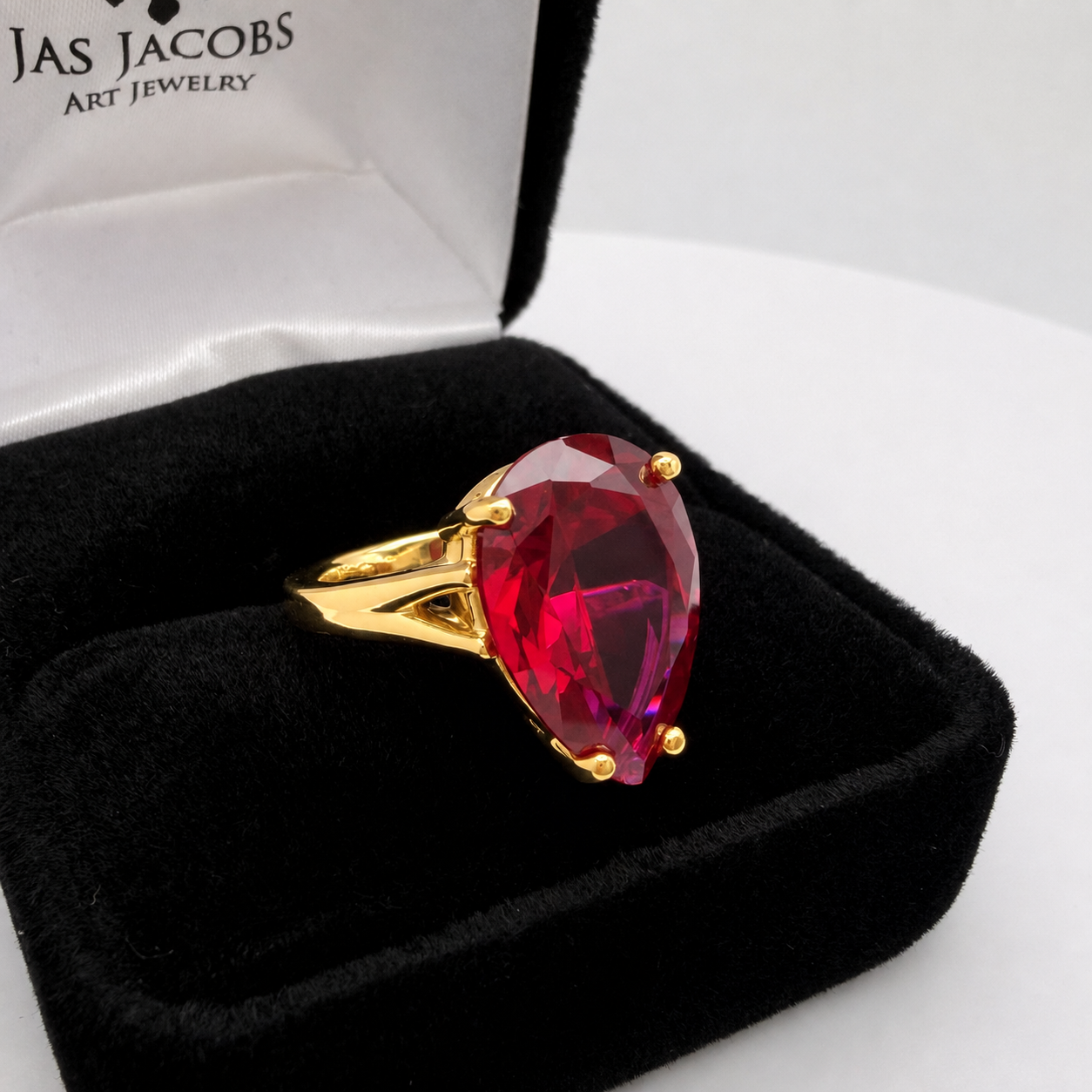 7.5ct Pear Cut Ruby Cathedral Solitaire Ring
