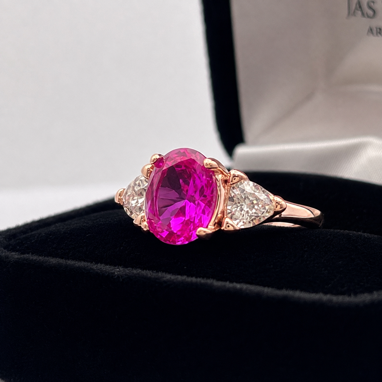4ctw Bright Pink Sapphire Ring | White Sapphire Trillions | Three-Stone