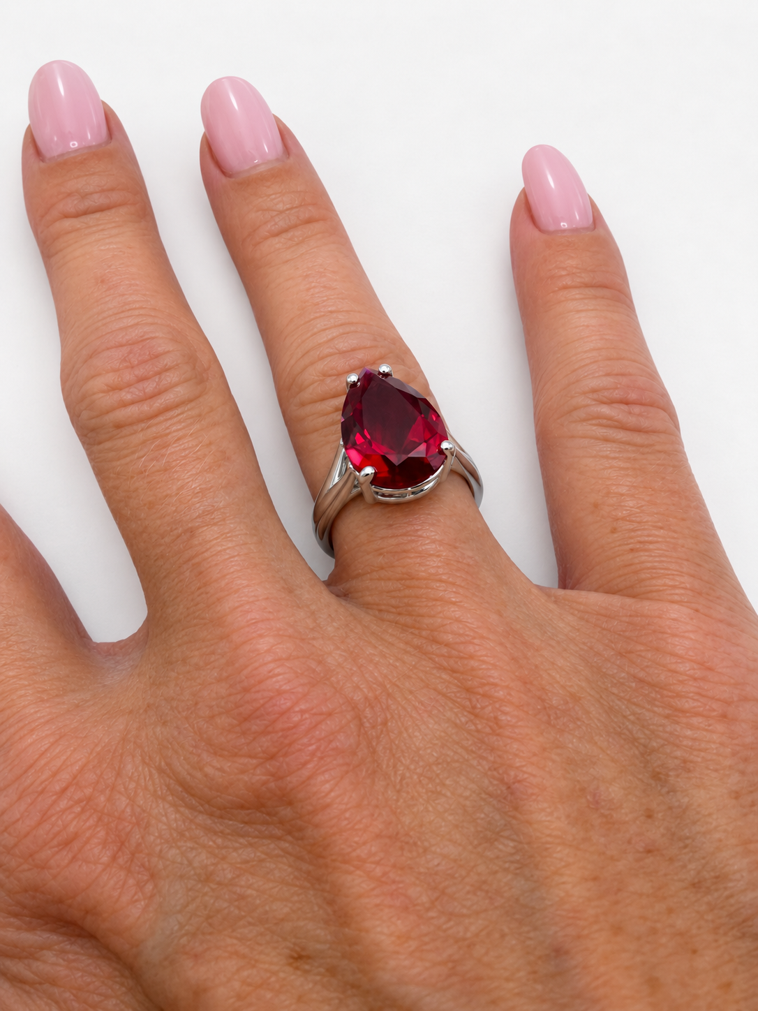 7.5ct Pear Cut Ruby Cathedral Solitaire Ring