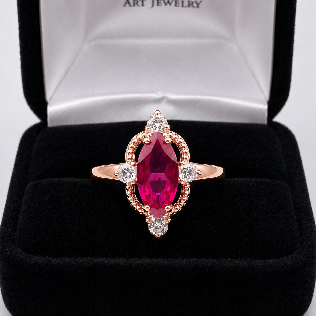 2.4ct Marquise Cut Ruby Ring with Diamond Accents | Vintage Inspired Sculptural Design