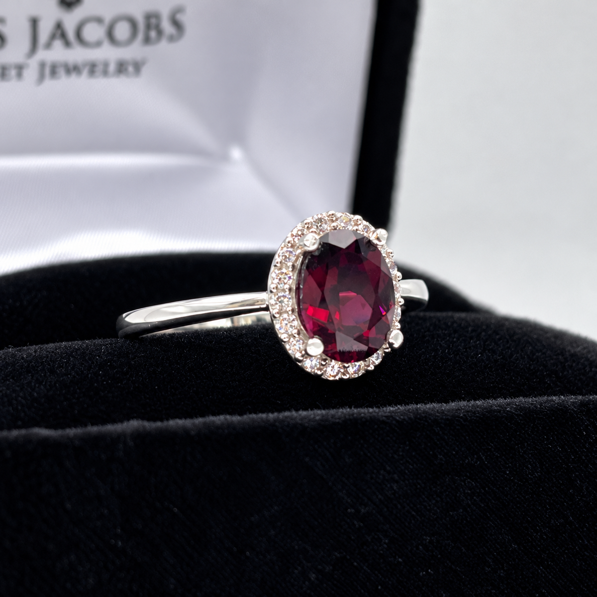 1.65ct Oval Rhodolite Garnet Halo Ring