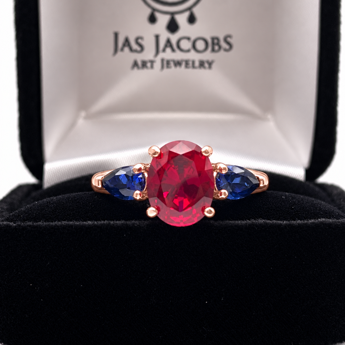 4.5ctw Oval Ruby & Blue Sapphire Three-Stone Statement Ring
