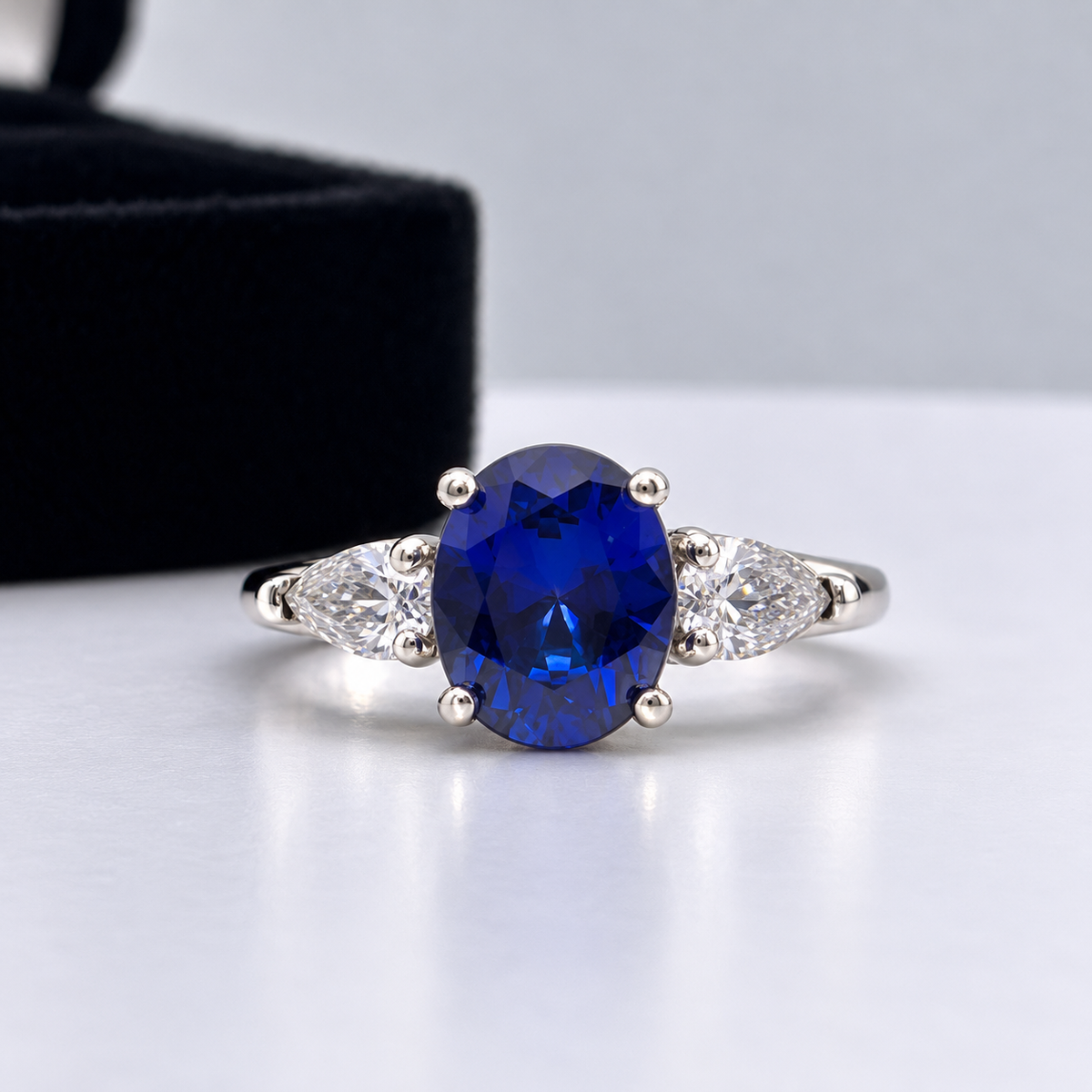 4.5ctw Oval Blue Sapphire & White Sapphire Three Stone Ring