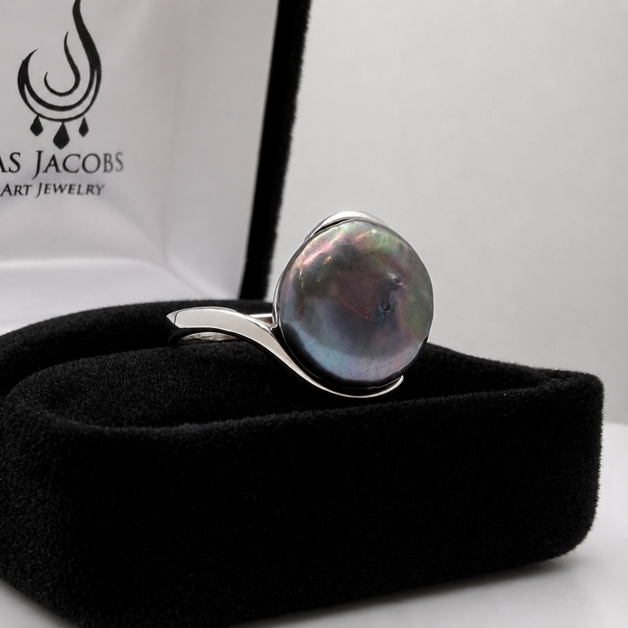 13mm Peacock Black Coin Pearl Ring | Sterling Silver Arabesque Statement Jewelry
