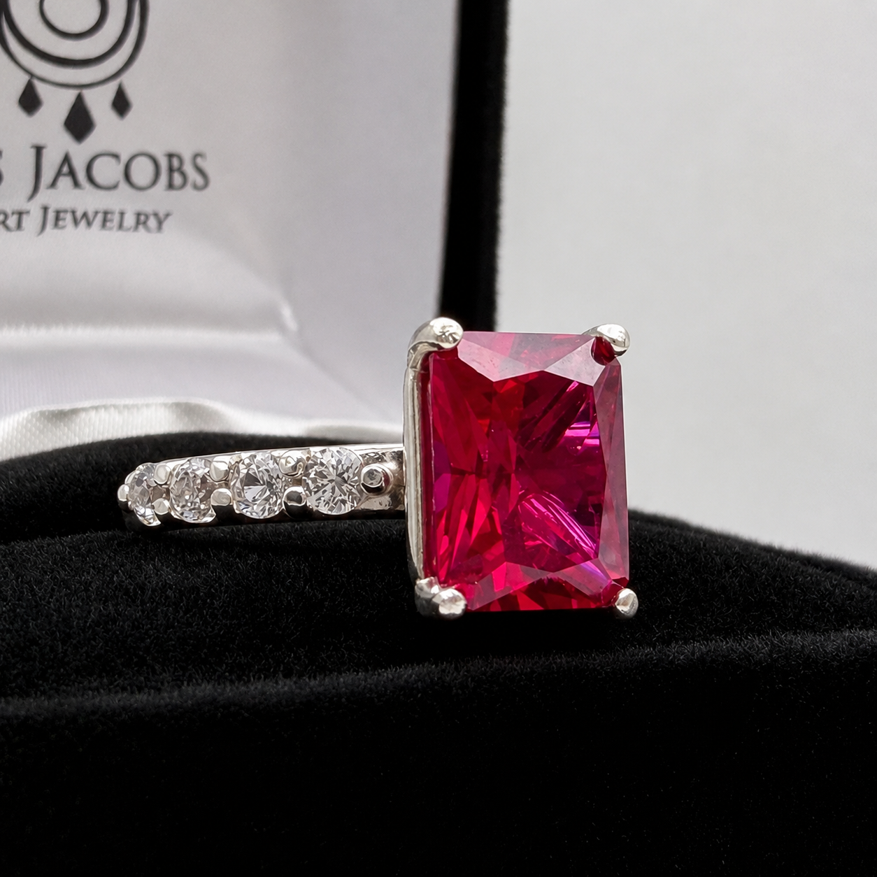 4.64 CTW Emerald Cut Ruby Ring | Diamond Band