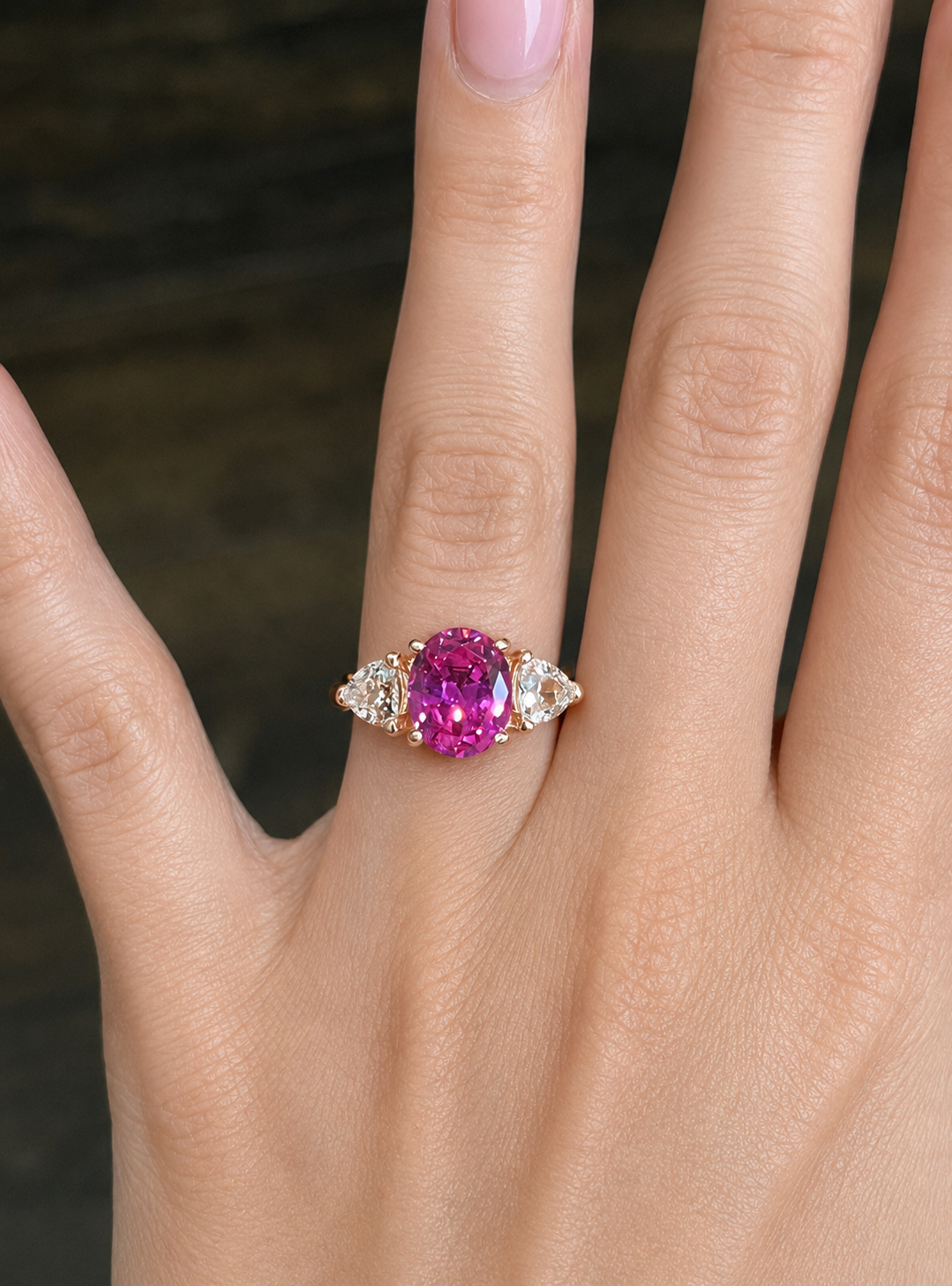 4ctw Bright Pink Sapphire Ring | White Sapphire Trillions | Three-Stone