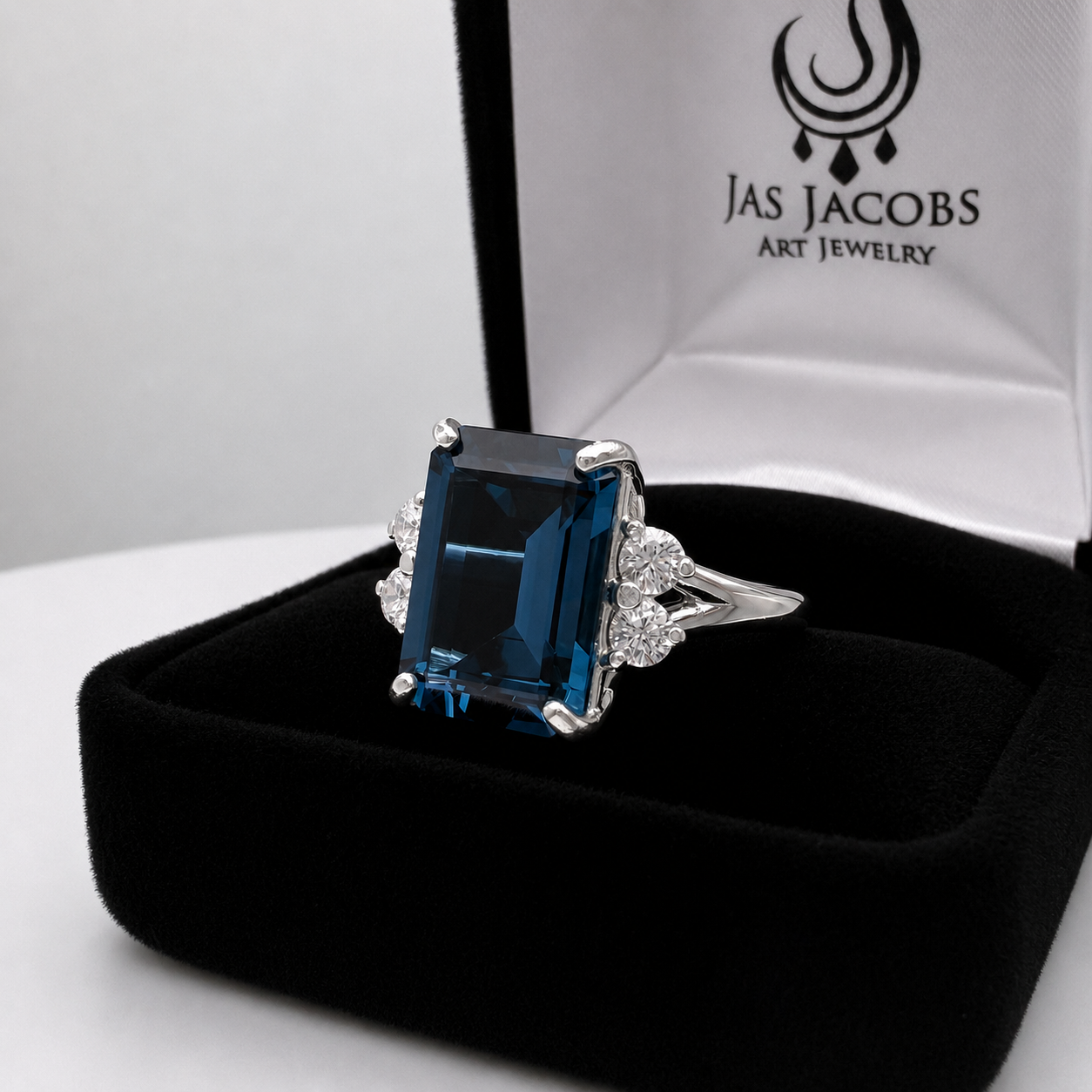 7ct Emerald Cut London Blue Spinel and White Topaz Ring | Split Shank Cathedral Ring | 10k or 14k Gold