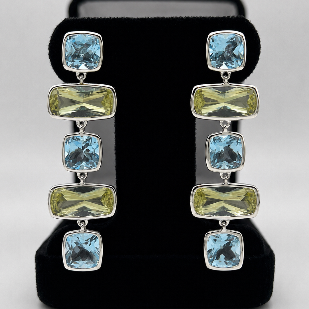 Sky Blue Topaz & Lime Quartz Geometric Drop Earrings 2”
