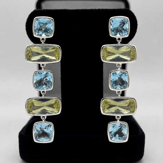 Sky Blue Topaz & Lime Quartz Geometric Drop Earrings 2”