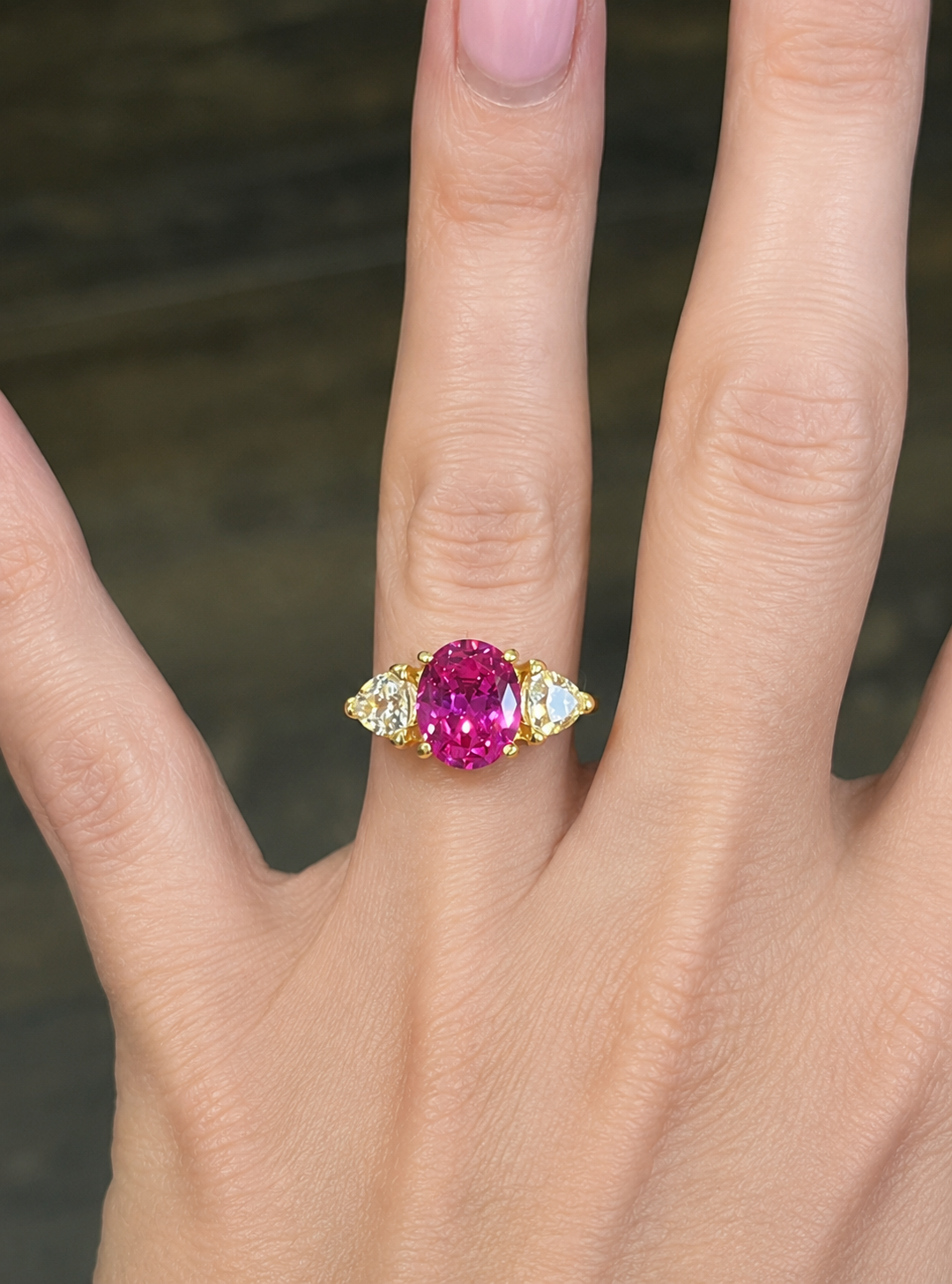 4ctw Bright Pink Sapphire Ring | White Sapphire Trillions | Three-Stone