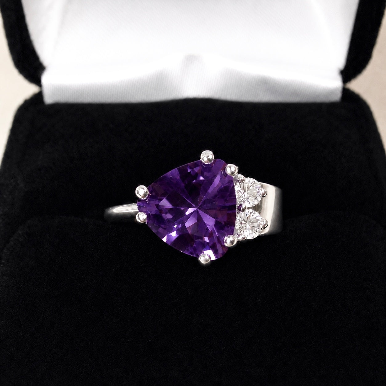 3ctw Trillion Cut Amethyst & White Sapphire Sculptural Asymmetrical Ring
