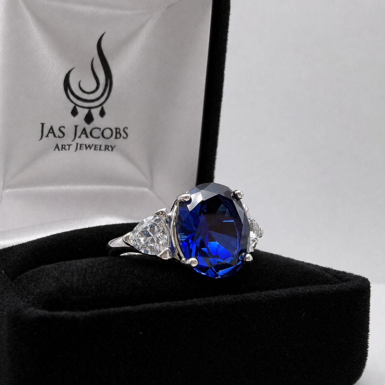 6ctw Oval Cut Blue Sapphire Three Stone Ring | Trillion Cut White Sapphires