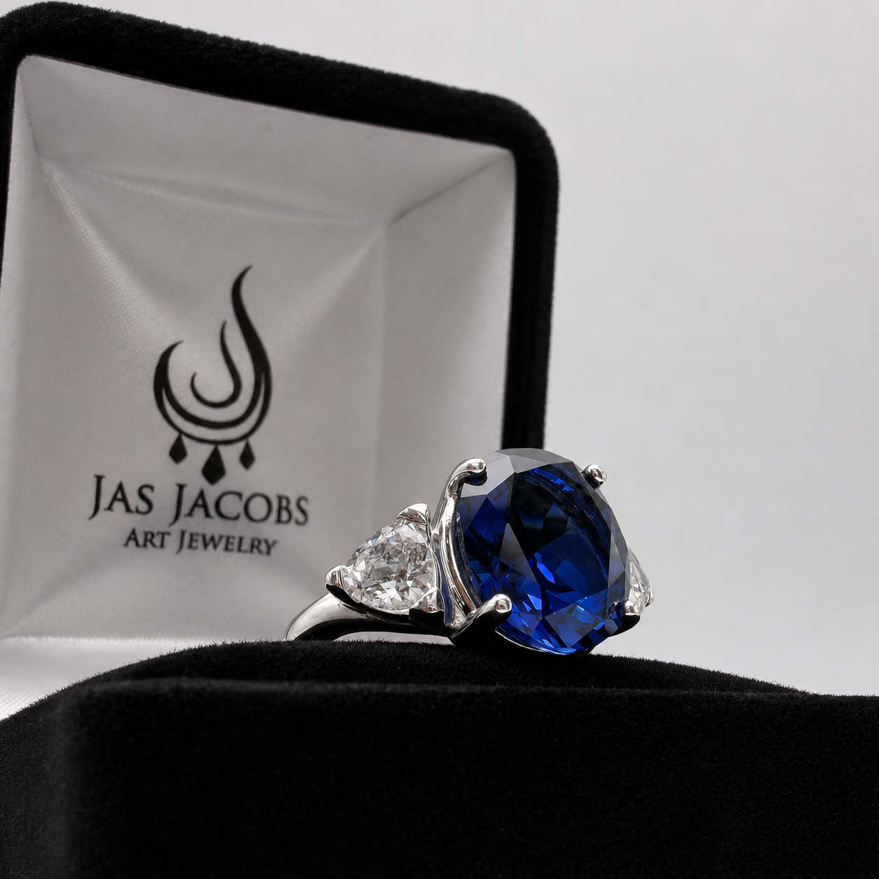 6ctw Oval Cut Blue Sapphire Three Stone Ring | Trillion Cut White Sapphires