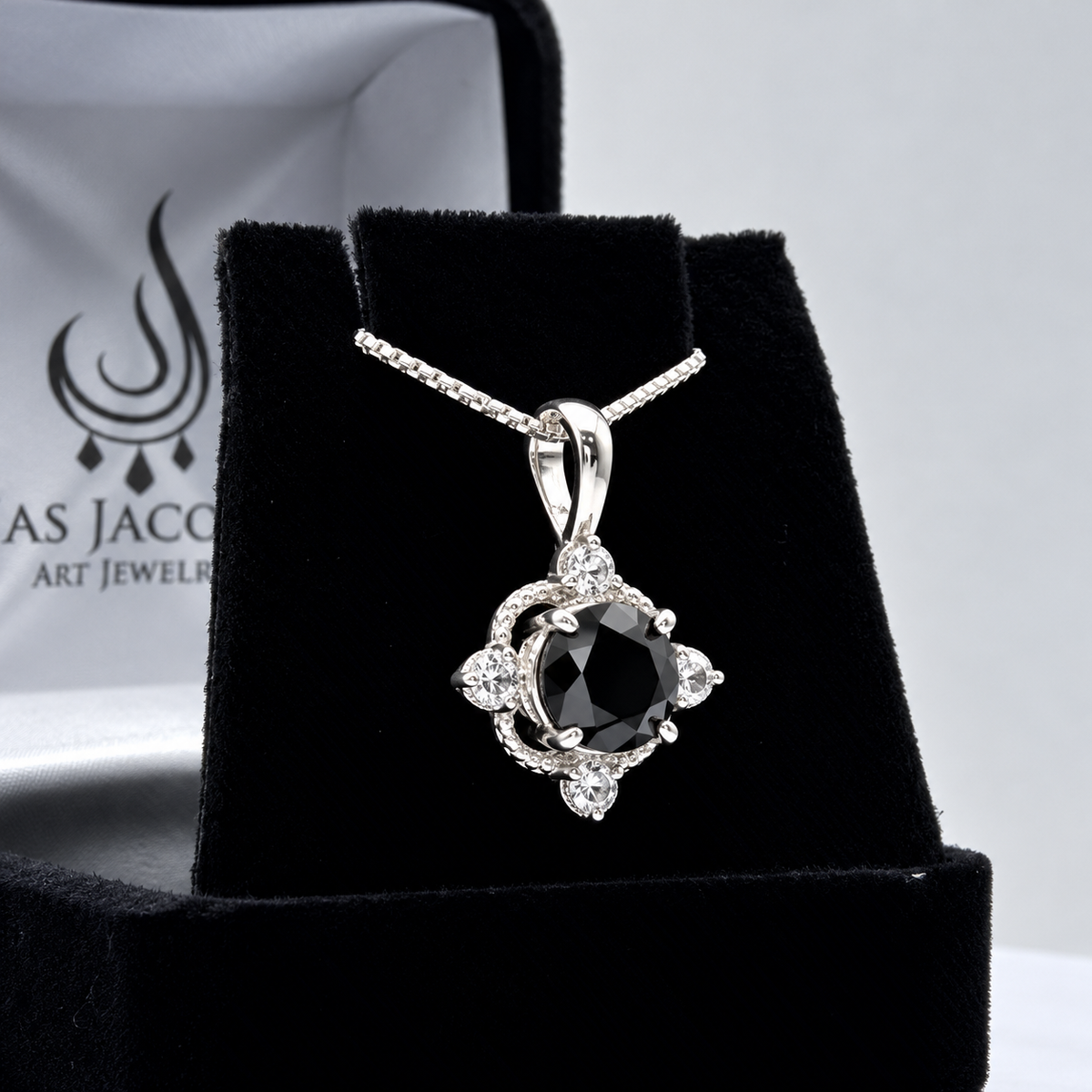 2.4ctw Ornate Black Onyx & White Sapphire Pendant Necklace