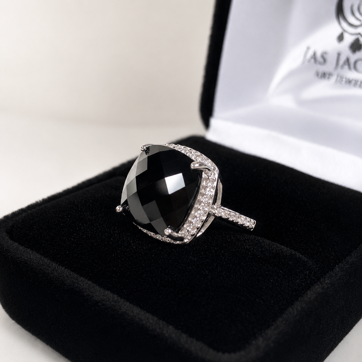 12ct Cushion Cut Black Onyx Halo Ring