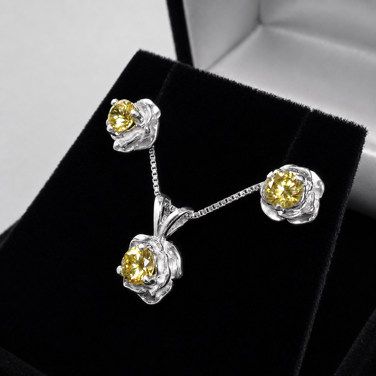 Yellow Citrine Floral Jewelry Set | Sculptural Rose Pendant Necklace & Earrings