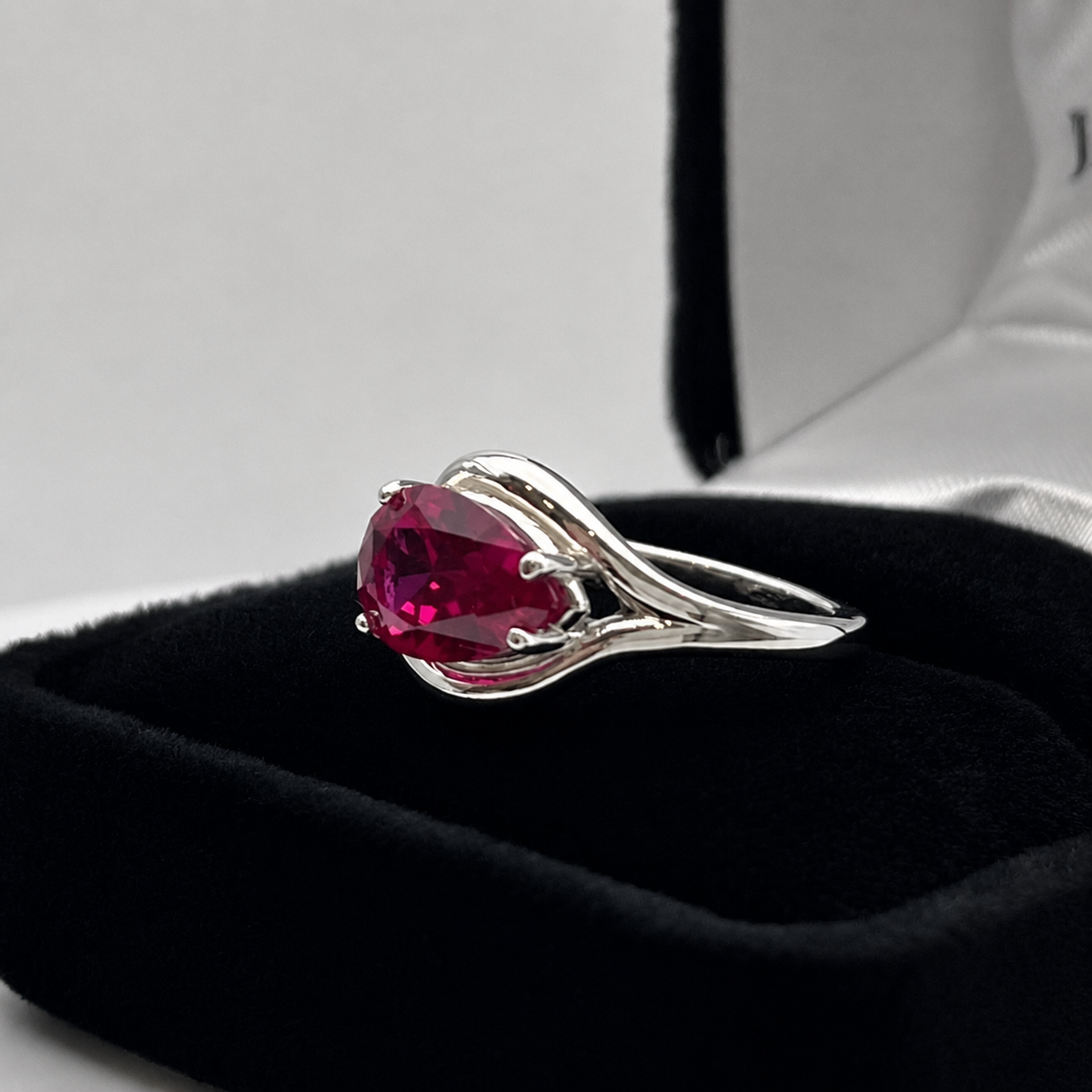 Pear Cut Side Set Ruby Ring | Elegant Arabesque Solitaire Ruby Ring | Available in Sterling Silver & 10K or 14K Gold