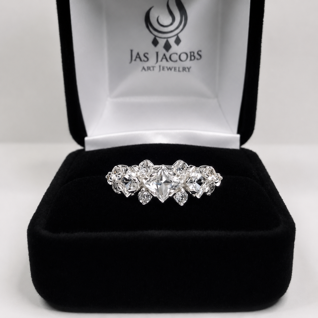 Art Deco Inspired Princess Cut White Sapphire and Diamond Three Stone Ring