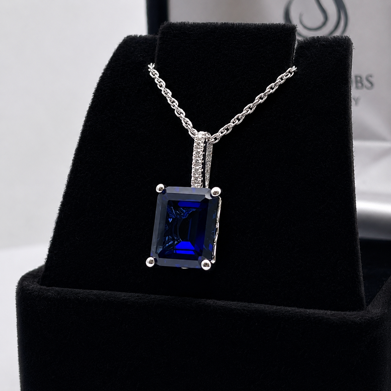 4CT Emerald Cut Blue Sapphire & Diamond Accent Necklace