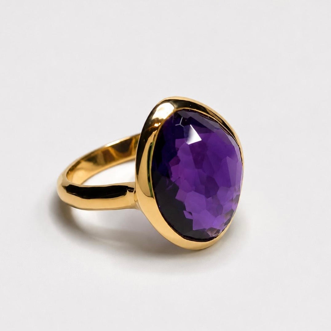 5ct Checker Cut Amethyst Ring | 18K Yellow Gold Vermeil | Modern Bezel Statement Ring