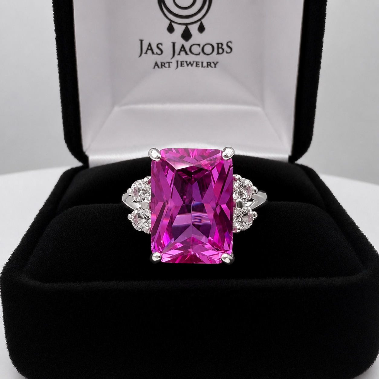 8ct Emerald Cut Pink Sapphire Ring with Diamond Accents | Available in 10k & 14k Gold or Sterling Silver