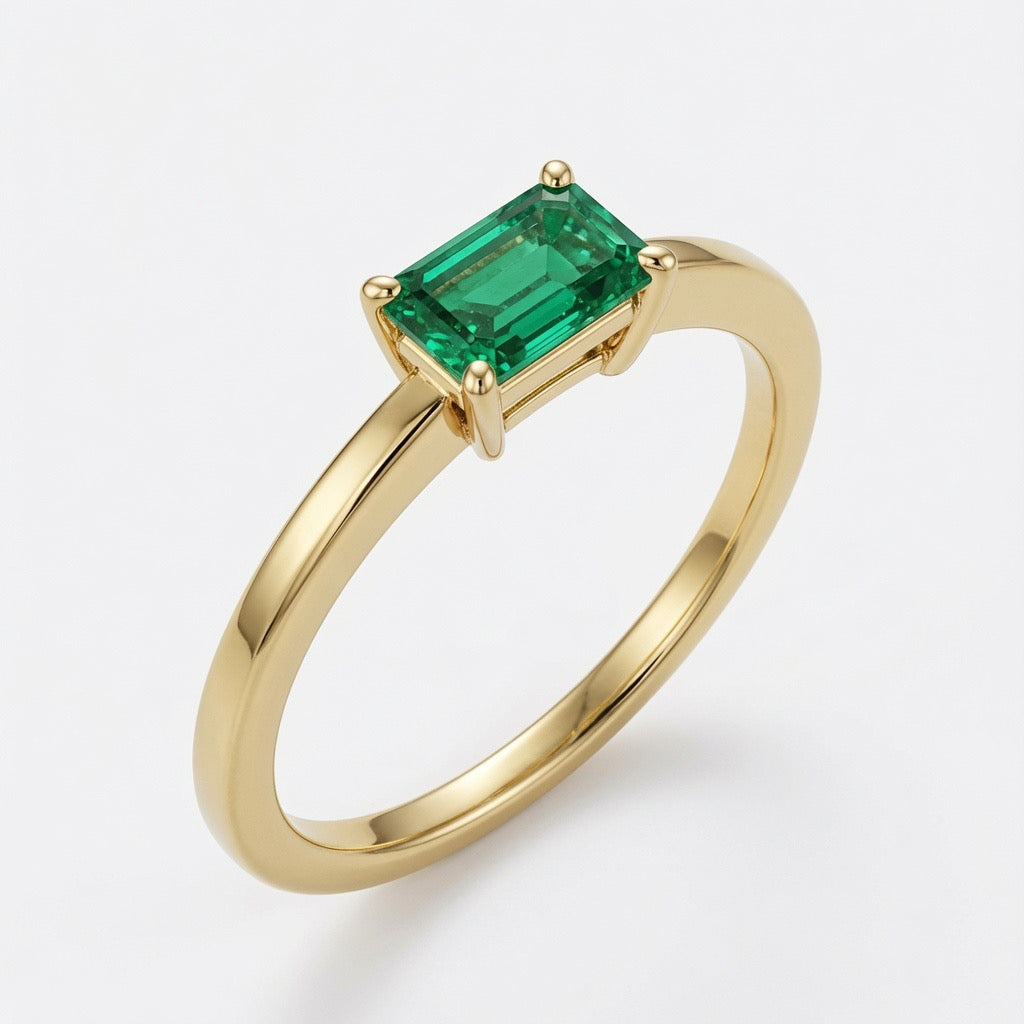 14K Yellow Gold 6x4mm Emerald Cut Emerald Ring – East-West Stackable Solitaire Ring | Minimalist May Birthstone Ring