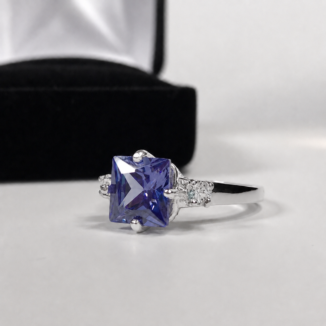 Princess Cut Simulated Tanzanite & White Sapphire Art Deco Ring