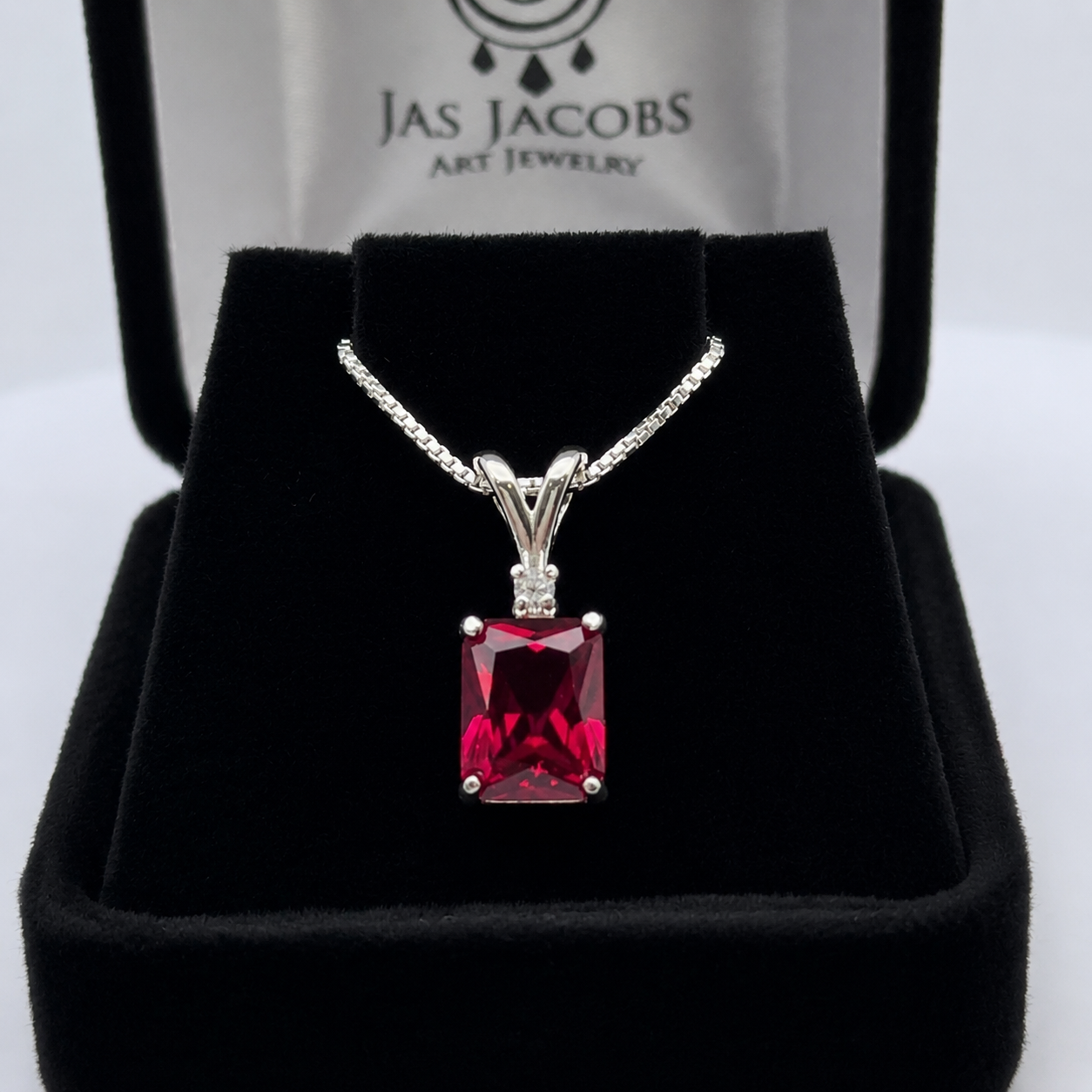 3CTW Emerald Cut Ruby Pendant Necklace | Diamond Accent