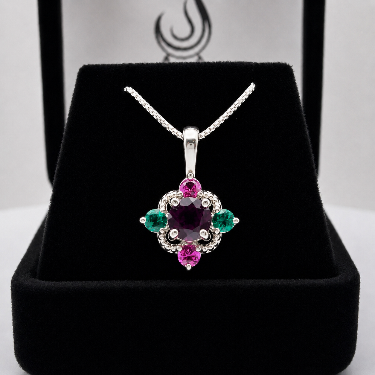 Vintage Inspired Rhodolite Garnet Pendant Necklace with Emeralds & Pink Sapphires | Heirloom Jewelry Gift | Customizable Jewelry