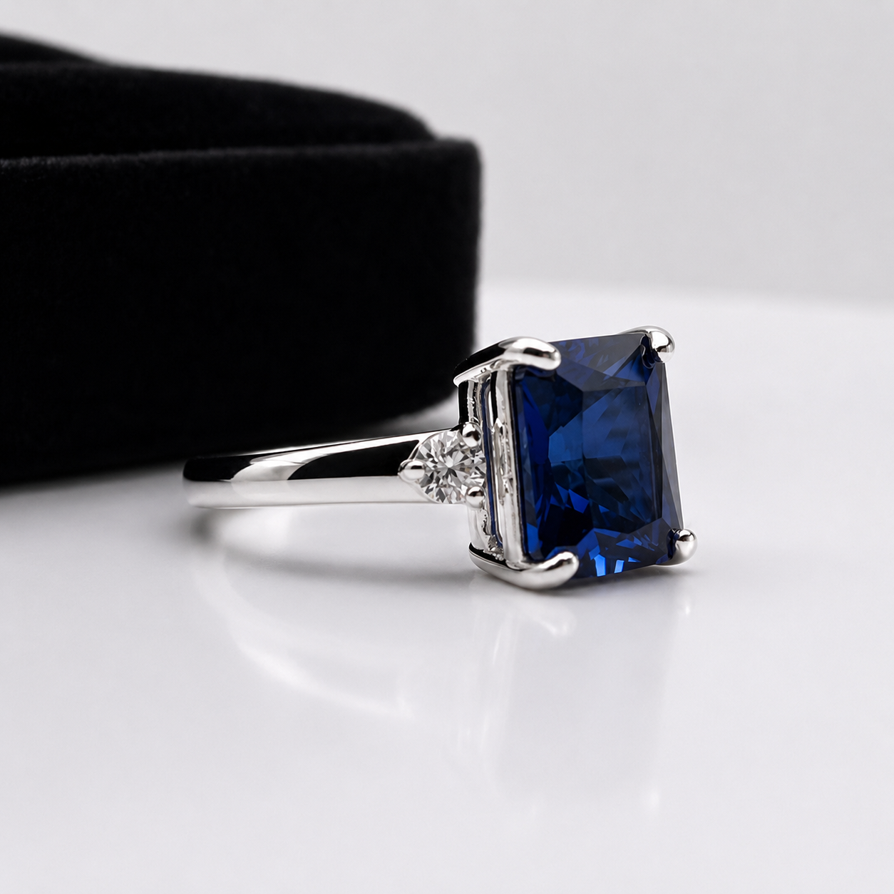 4 Carat Emerald Cut Blue Sapphire Ring with Diamond Accents