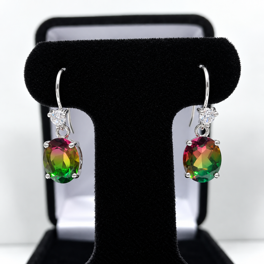 BEAUTIFUL 6ctw Watermelon Tourmaline Quartz Doublet & White Sapphire Sterling Silver Earrings Oval Bi Color Tourmaline Jewelry Gift October