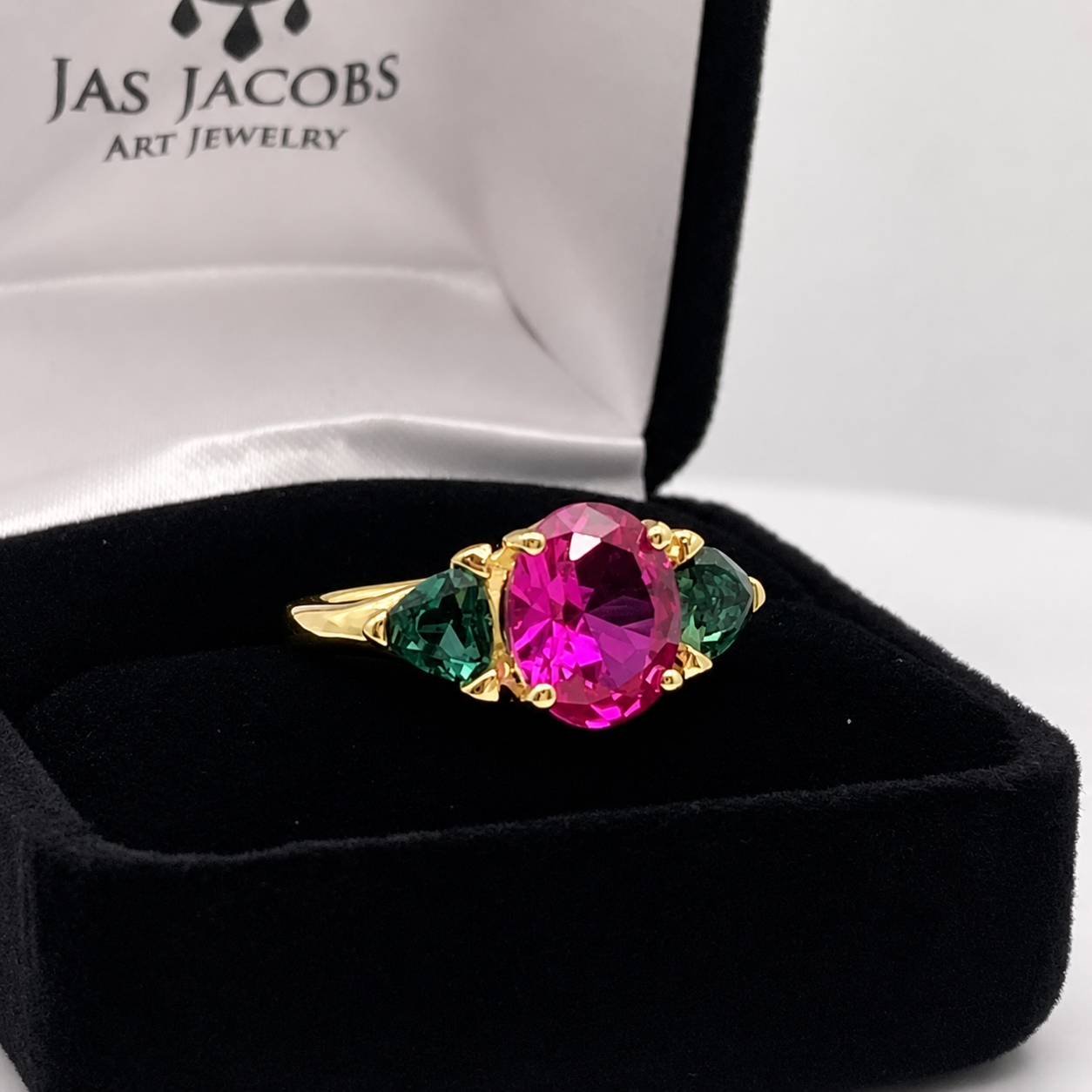 Watermelon Ring | 5CTW Oval Pink Sapphire Ring | Trillion Green Tourmaline Three Stone Ring