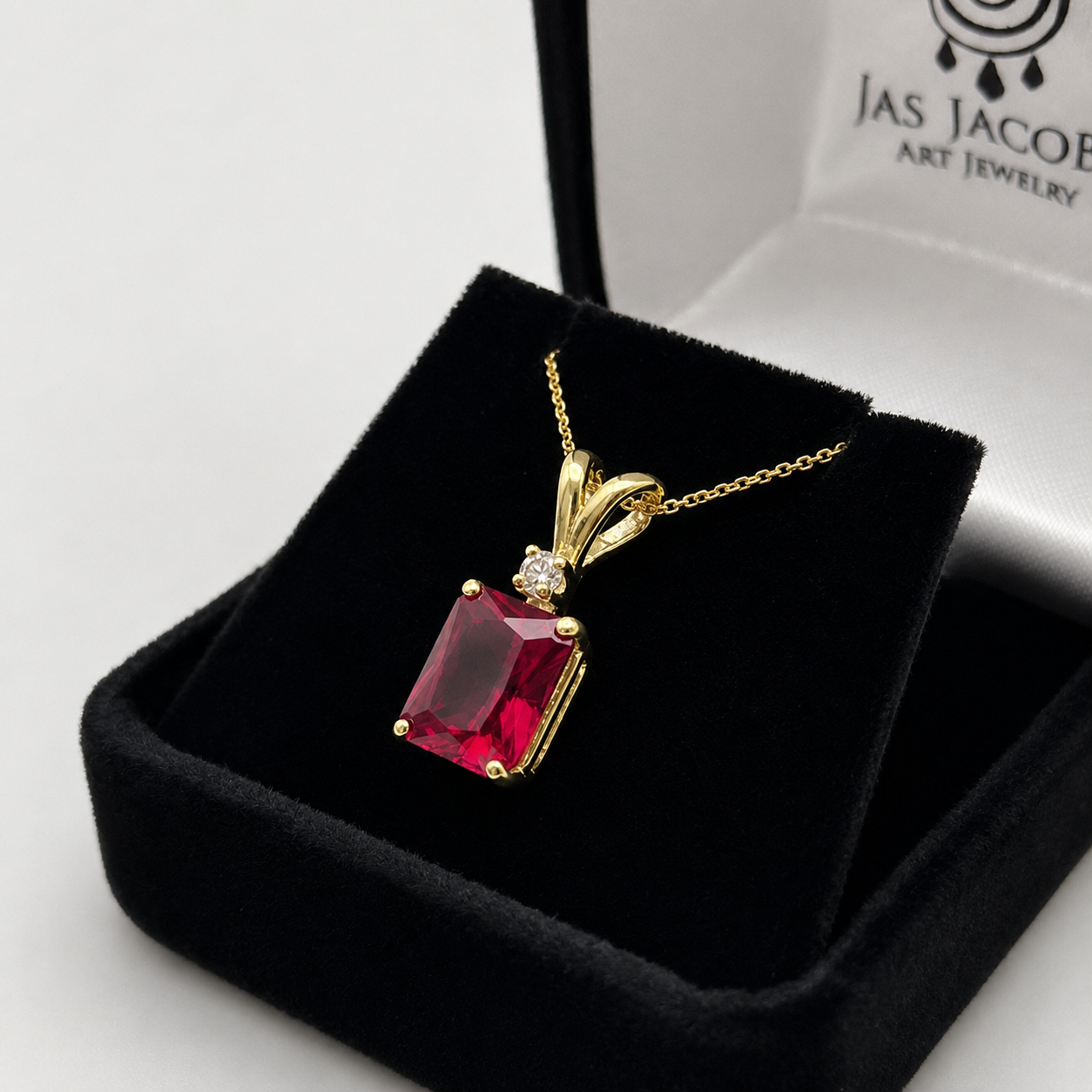 3CTW Emerald Cut Ruby Pendant Necklace | Diamond Accent