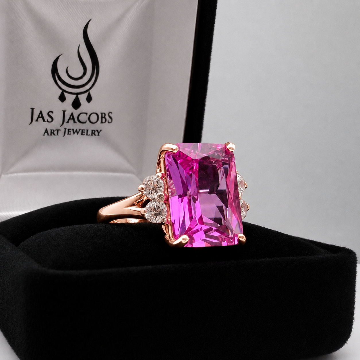8ct Emerald Cut Pink Sapphire Ring with Diamond Accents | Available in 10k & 14k Gold or Sterling Silver
