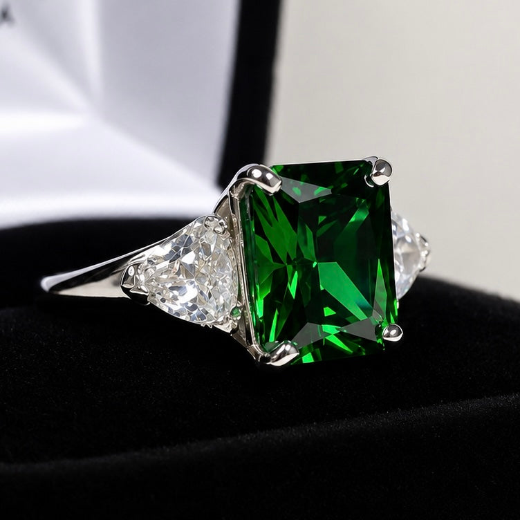 4.5CTW Emerald Cut Emerald Ring | Trillion White Sapphire Three Stone Ring