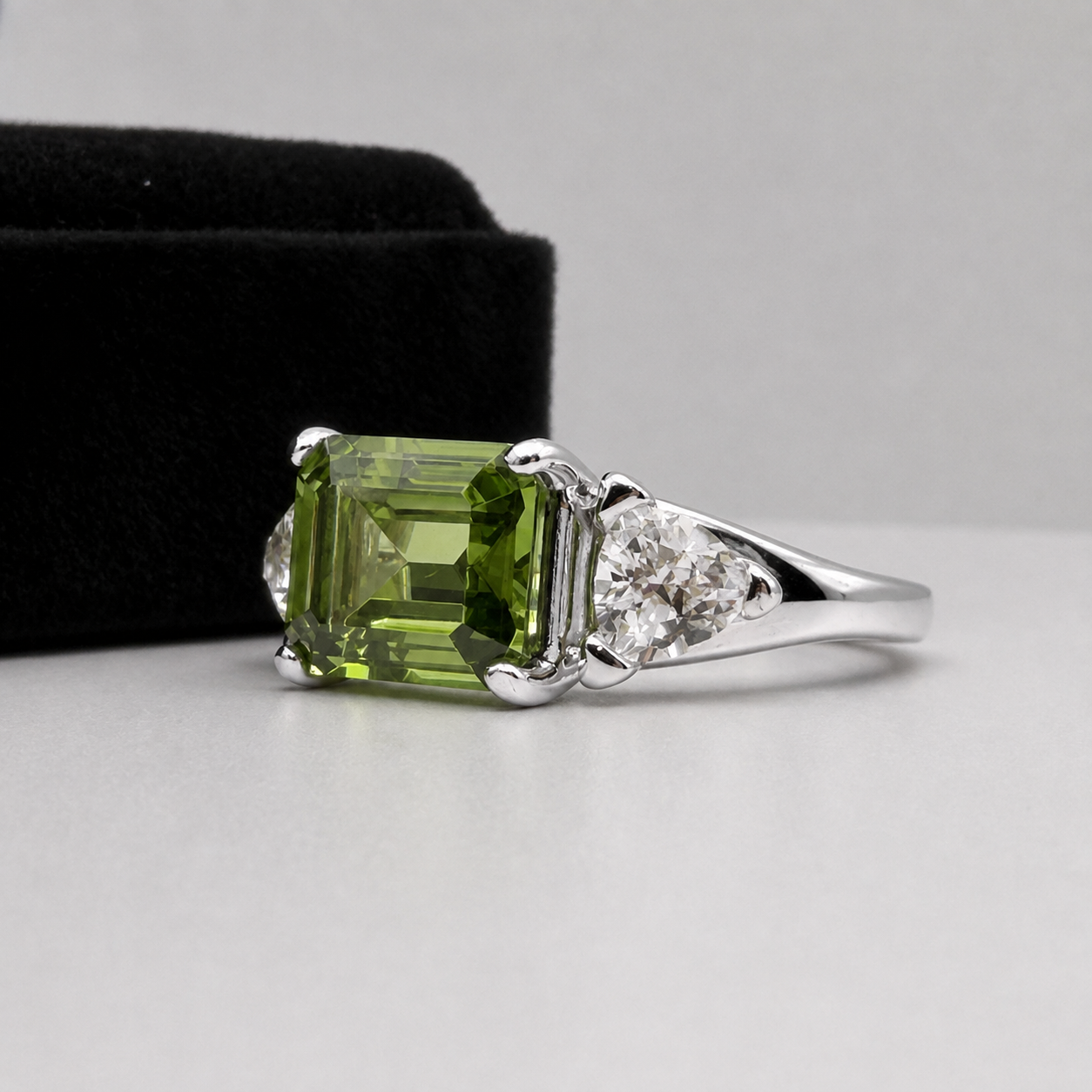 Emerald Cut Peridot & Trillion White Sapphire Art Deco Ring