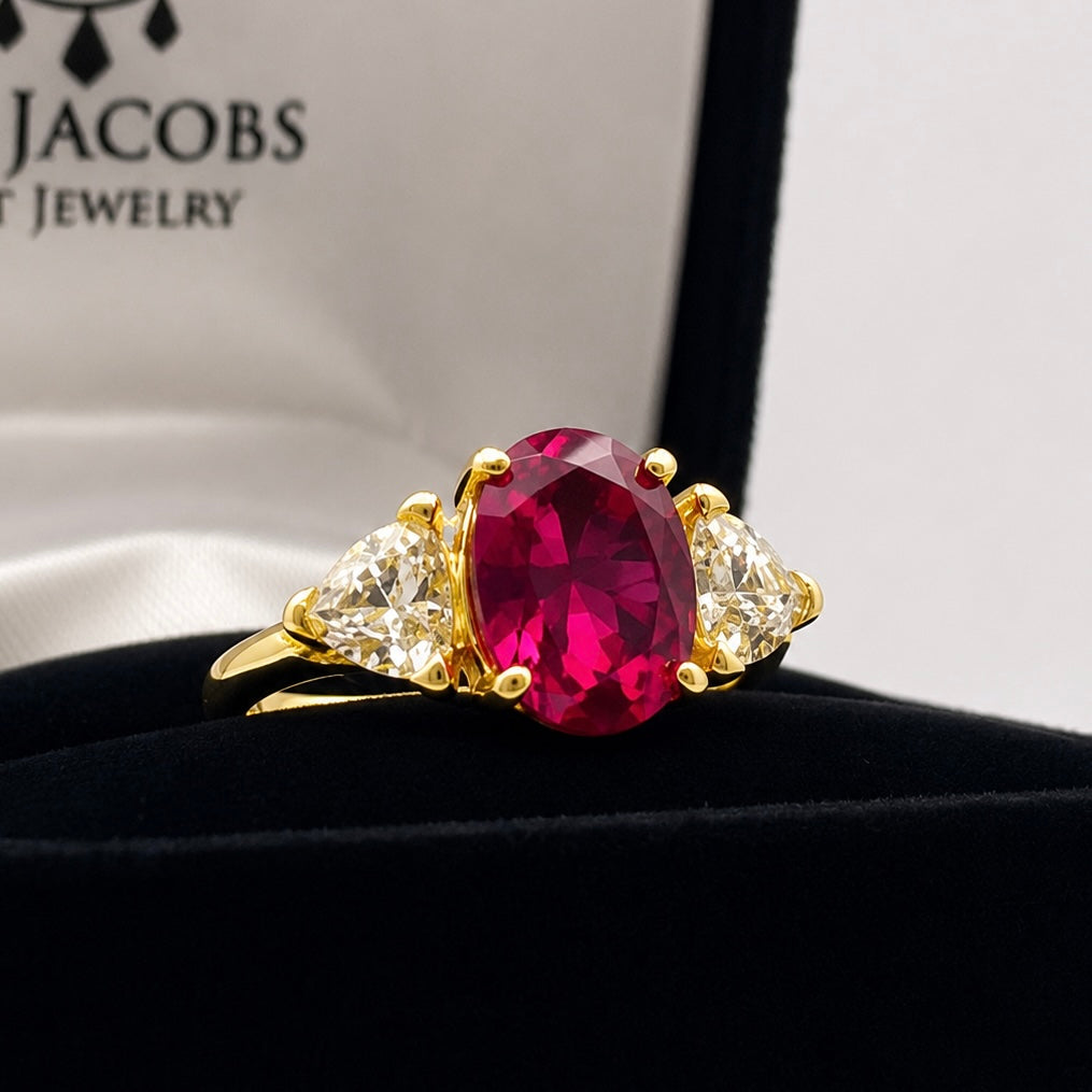 4.5ctw Oval Cut Ruby & Trillion Cut White Sapphire Three Stone Ring