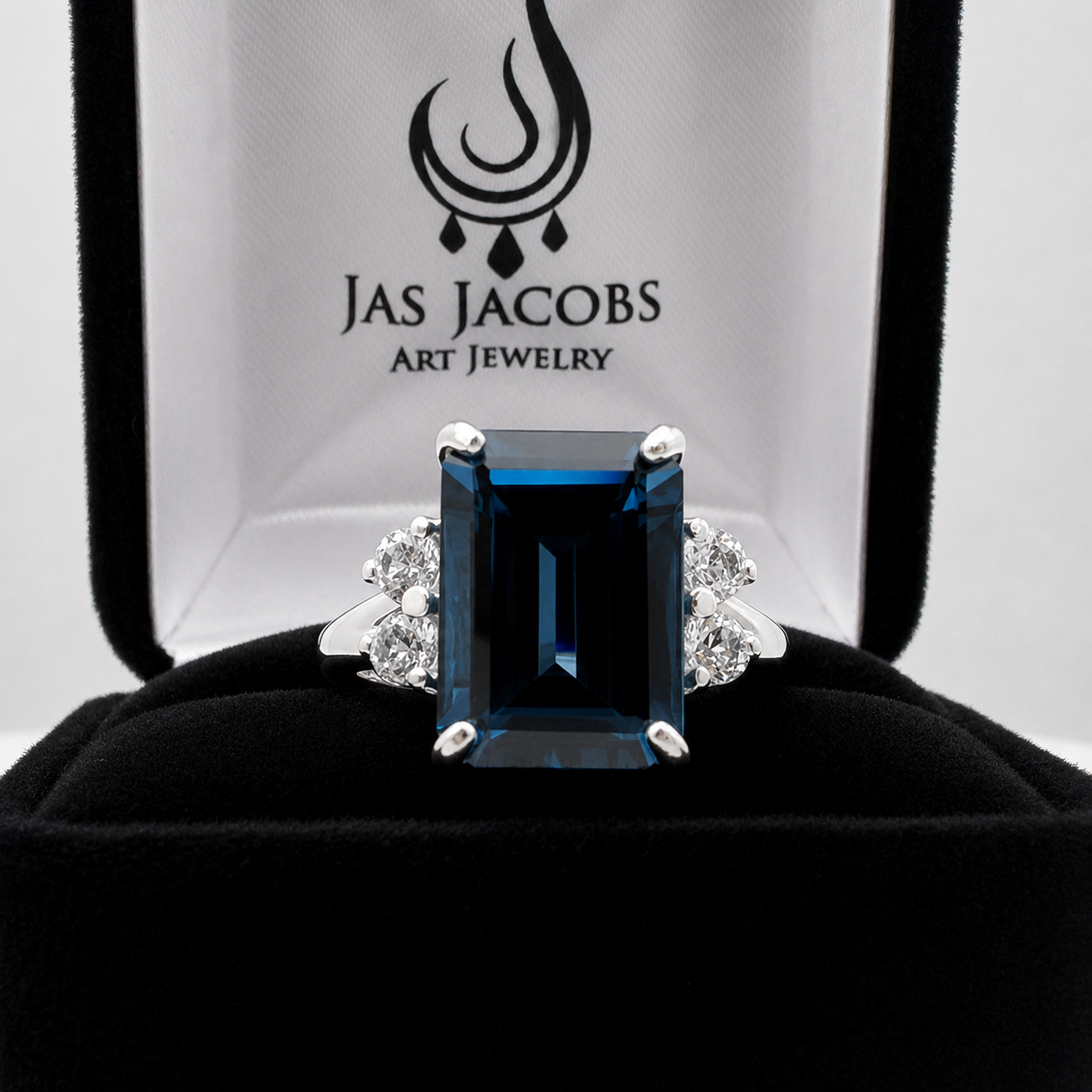 7ct Emerald Cut London Blue Spinel and White Topaz Ring | Split Shank Cathedral Ring | 10k or 14k Gold