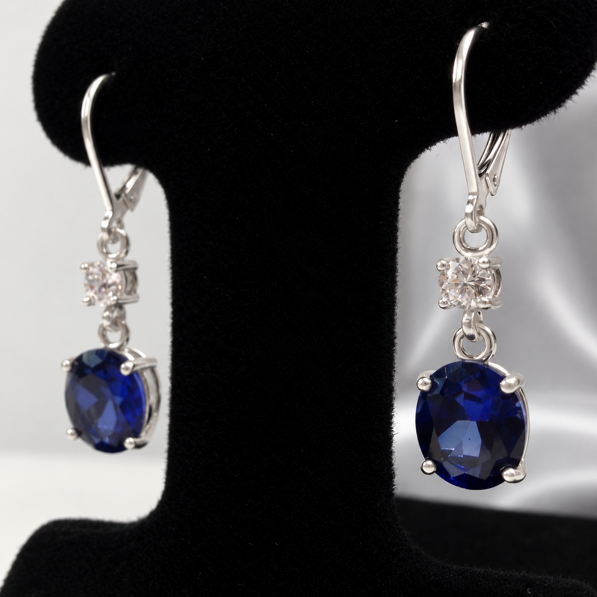 6.6 CTW Oval Cut Blue & White Sapphire Drop Earrings