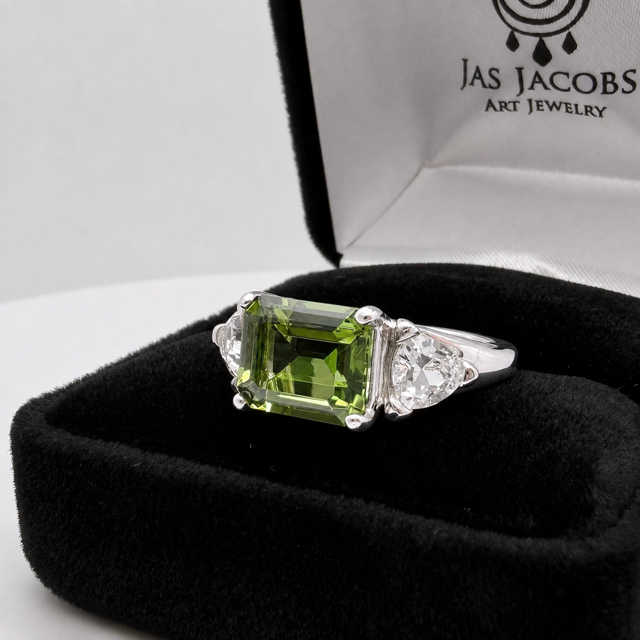 Emerald Cut Peridot & Trillion White Sapphire Art Deco Ring