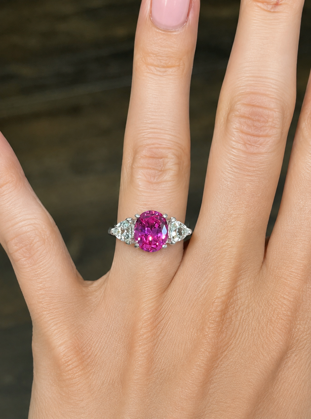 4ctw Bright Pink Sapphire Ring | White Sapphire Trillions | Three-Stone