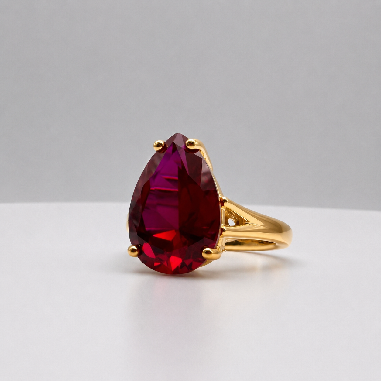 7.5ct Pear Cut Ruby Cathedral Solitaire Ring