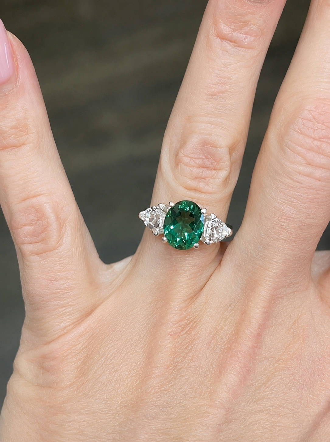 4ctw Oval Cut Green Quartz Ring & Trillion Cut White Sapphire