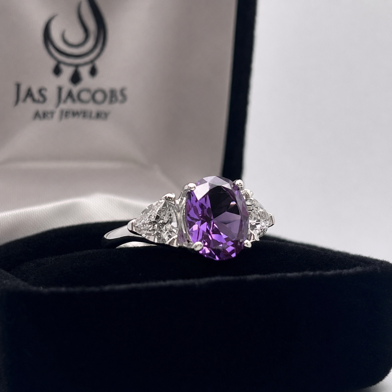 4ctw Color Change Alexandrite Sapphire Ring | Trillion White Sapphires | Three-Stone Ring