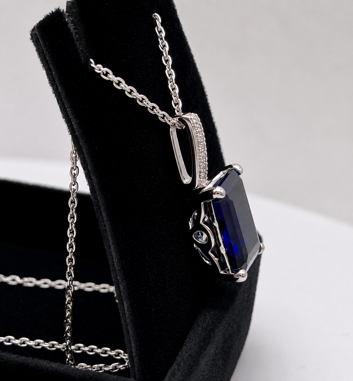 4CT Emerald Cut Blue Sapphire & Diamond Accent Necklace