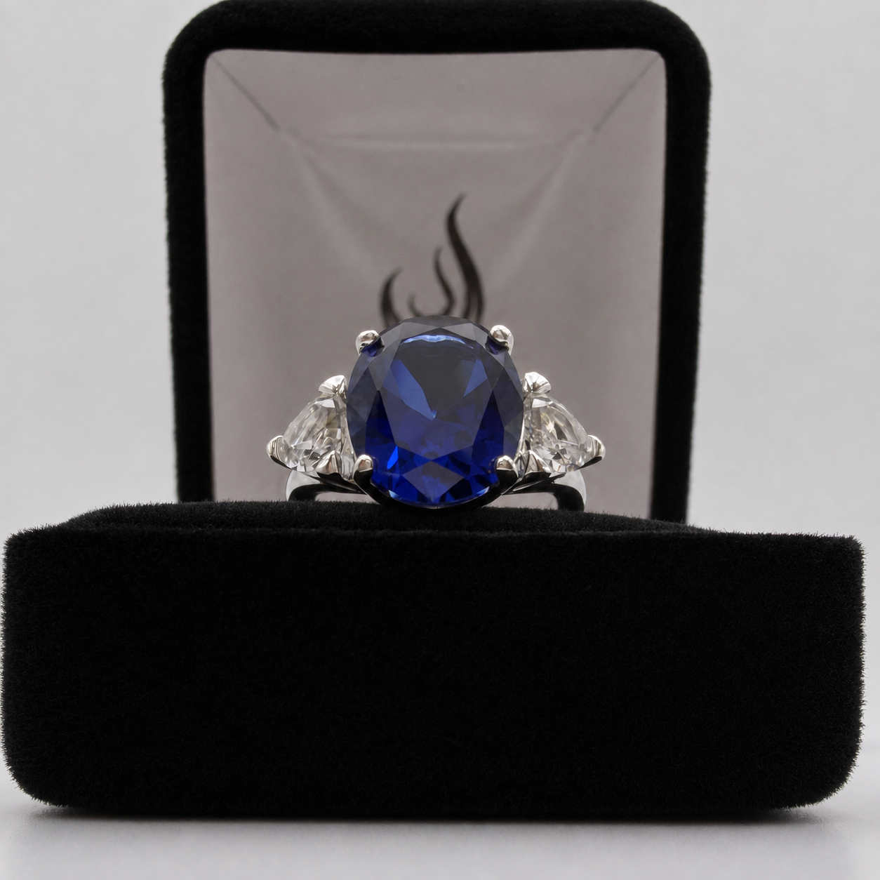 6ctw Oval Cut Blue Sapphire Three Stone Ring | Trillion Cut White Sapphires