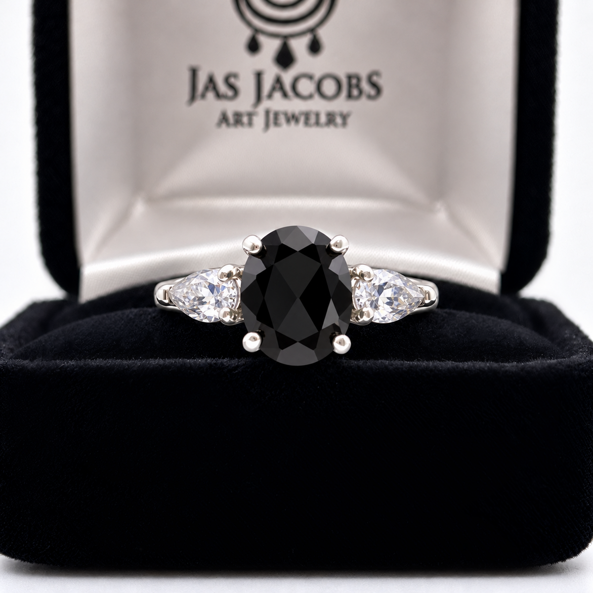 Oval Cut Faceted Black Onyx & White Sapphire Ring