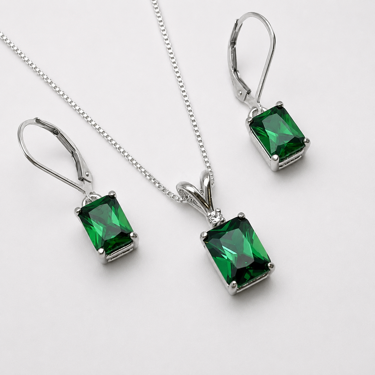 7 CTW Emerald Cut Emerald & White Sapphire Jewelry Set