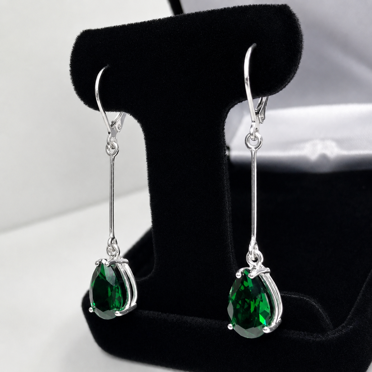 7CTW Pear Cut Emerald Statement Earrings | 2-Inch Long Dangle | Lever Back