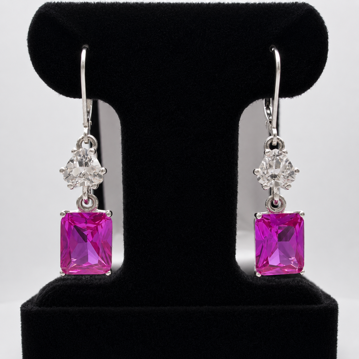 9ctw Emerald Cut Pink Sapphire & White Sapphire Dangle Earrings
